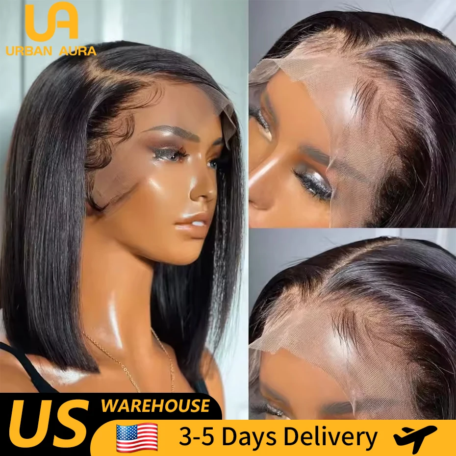 

Straight Short Bob Wigs 100% Human Hair 13x4 Transparent Lace Front Wigs 250 Density Natural Black Bone Straight Human Hair Wigs