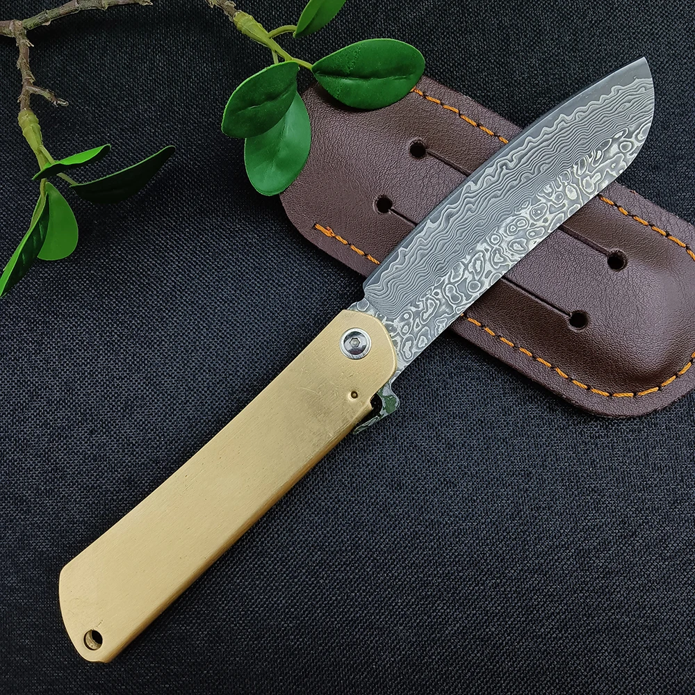 

Damascus Steel Kitchen Knife Cutting Fruit Tools Outdoor Portable Brass Handle Pocket Hunting Camping Folding Knife EDC Survival