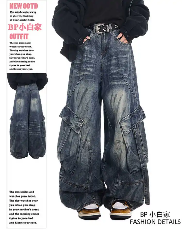 

Женские джинсы-карго в американском ретро-стиле, широкие, свободного кроя, деним, мужские, в стиле Y2K, Boyfriend, ковбойские, японский панк, Харадзюку, модные, шик 2000-х годов