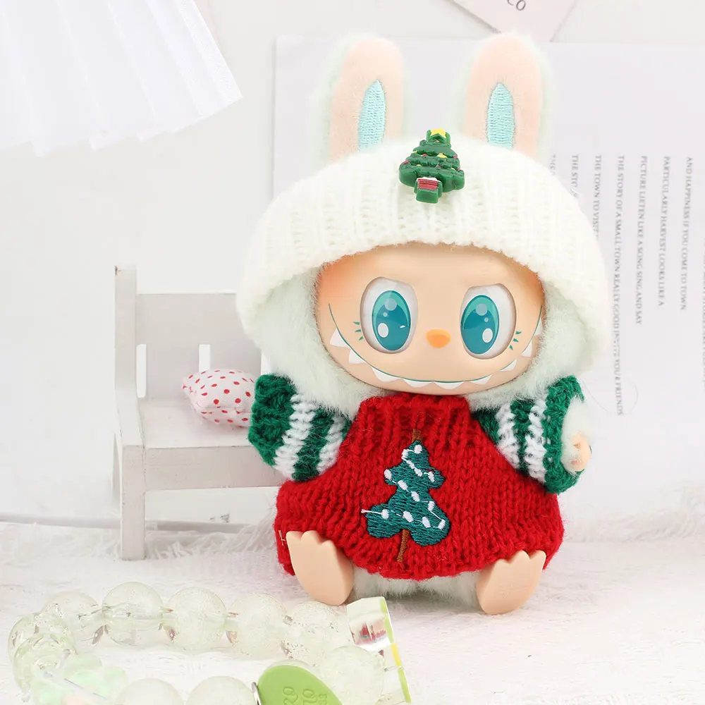 ชุดเสื้อผ้าตุ๊กตา Labubu ใหม่ เสื้อสเวตเตอร์คริสต์มาสสีแดง หมวก และผ้าพันคอ ขนาด 17 ซม. รองเท้า ตุ๊กตา อุปกรณ์ DIY