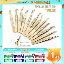 Gemerry  Eyelash Extension Tweezers With Fiber Tips Golden Stainless Steel High Precision Tweezer for Volume Fans Makeup Tools
