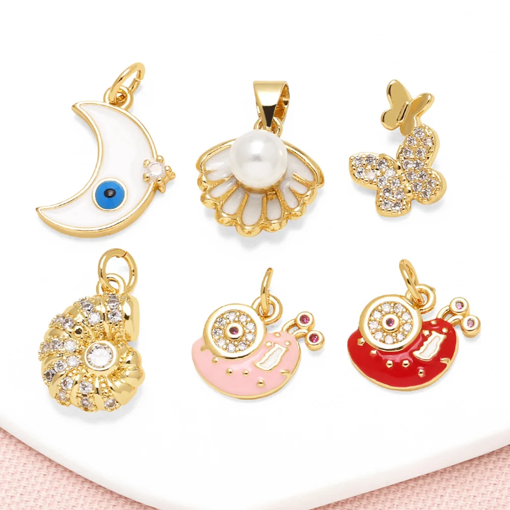 OCESRIO White Crystal Enamel Blue Eye Moon Charms for Bracelet Copper Gold Plated Conch Butterfly Keychain Purse Charm chma453