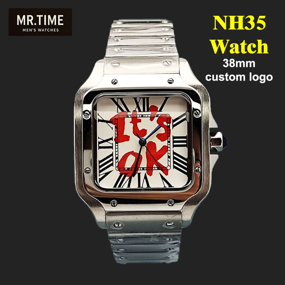 2026 It's OK watch NH35 Watch Custom Logo Men's Square Watch Roman Dial Folding Buckle Watch Suitable for NH35 Movement Watch