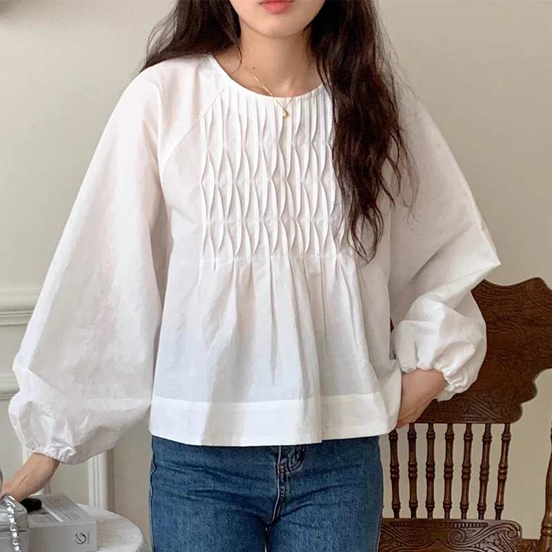 O-neck Folds Long Sleeve Blouse Shirts Women Simple Elegant Solid Loose Casual Top 2024 New Spring Korean All-match Camisas