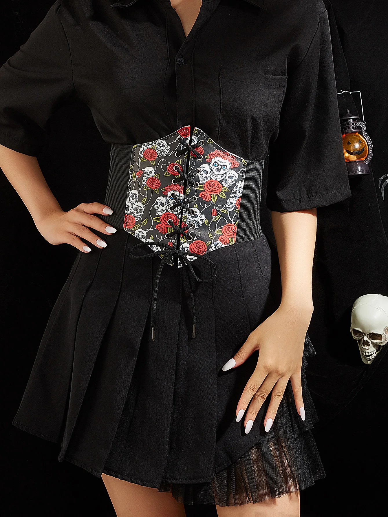 Preto PU Crânio Rosa Cinto para Mulheres Par com Vestidos Saias Jeans Adequado para Festas de Halloween Desgaste Diário