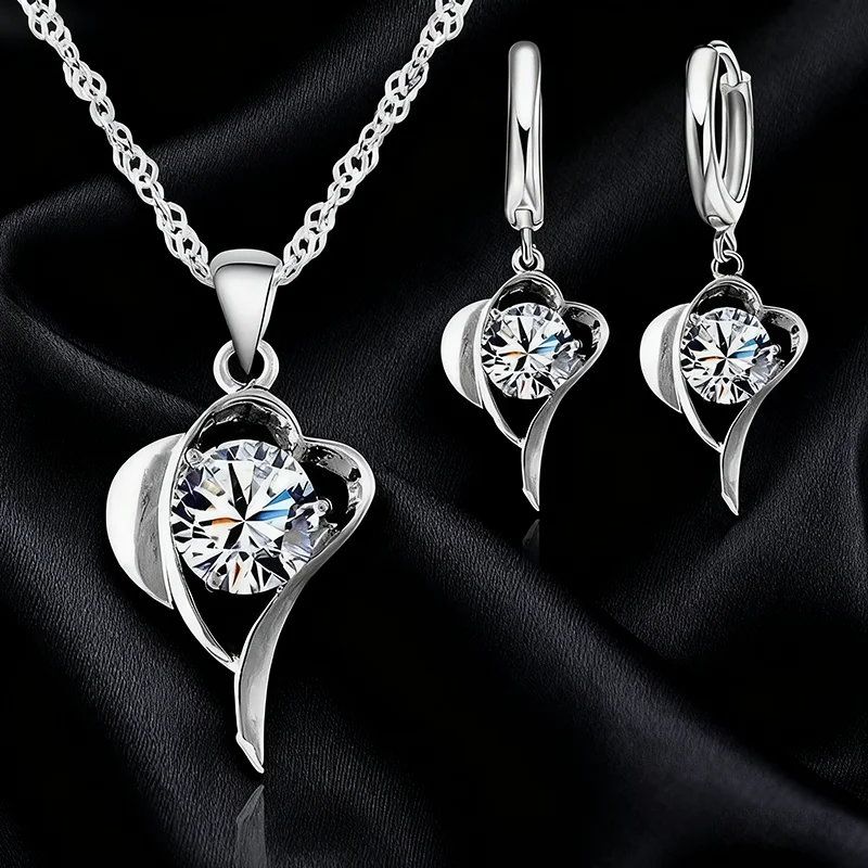 

925 Sterling Silver Cubic Zircon Jewelry Sets Necklace Earrings Heart shape pendant Women Girl's Gift Party Jewelry