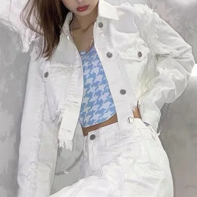 Basic Denim Jackets Women Solid Tassel Daily All-match Streetwear High Waist Hot Girls Korean Fashion Casual Crop Simple Loose