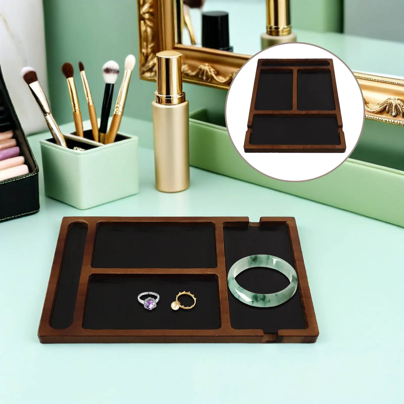 Bandeja Organizadora de Joyas de Madera con Múltiples Compartimentos, Bandeja de Escritorio de Madera Natural para Llaves, Relojes, Gafas de Sol y Teléfono