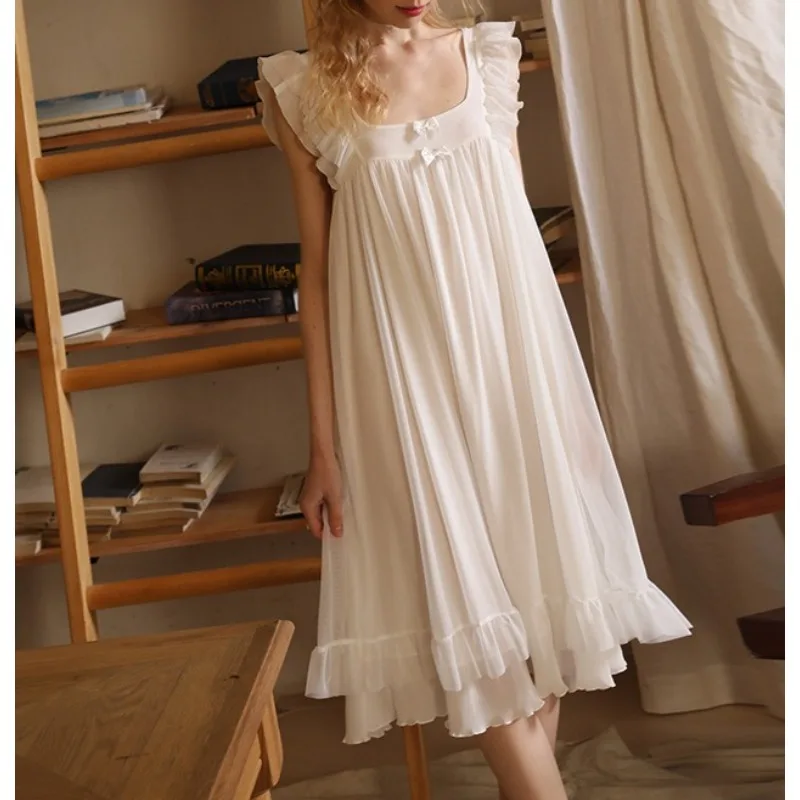 French Court Style Summer Thin Sleeveless Nightdress Lace Princess White Pullover Pajamas Home Dress Female Princess Dress