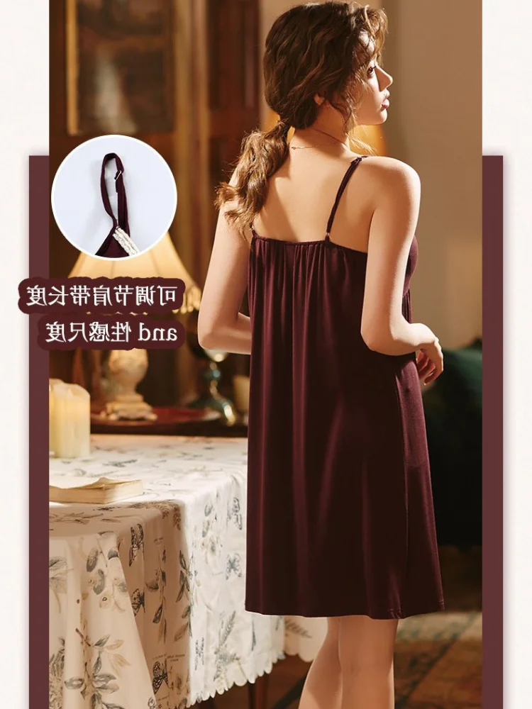 150kg Large Size Padded Nightgown Pajamas Summer Thin Deep V Suspender Midi Nightdress Backless Sleepwear Outside Loungewear