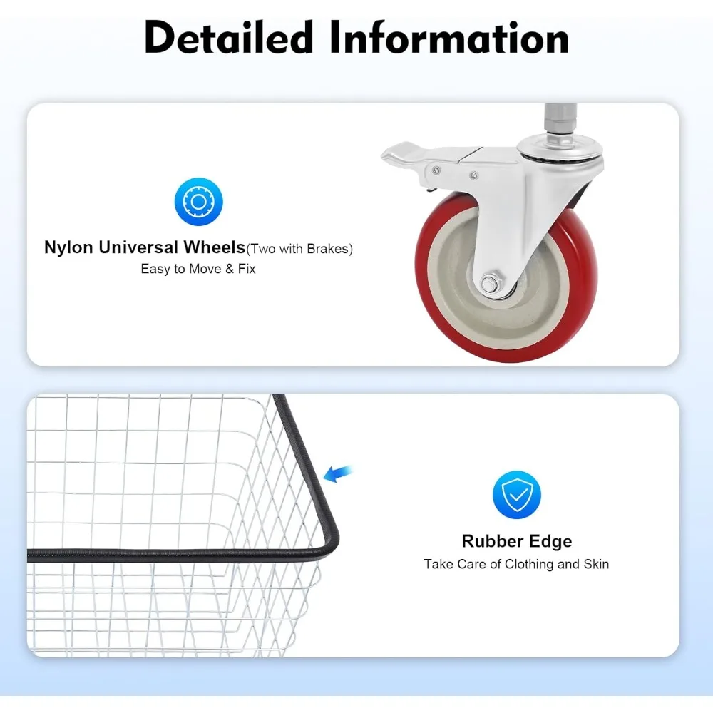 Laundry Cart with Clothes Rack, Rolling Laundry Basket with Wheels, Commercial Laundry Basket, Steel Frame with Chrome Finish