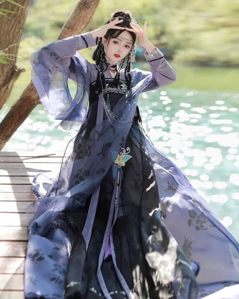 Strój Hanfu z dynastii Tang, starożytny tradycyjny haft, kostium do cosplay, fioletowo-niebieska sukienka Hanfu, popularna chińska sukienka Hanfu dla kobiet QWRE