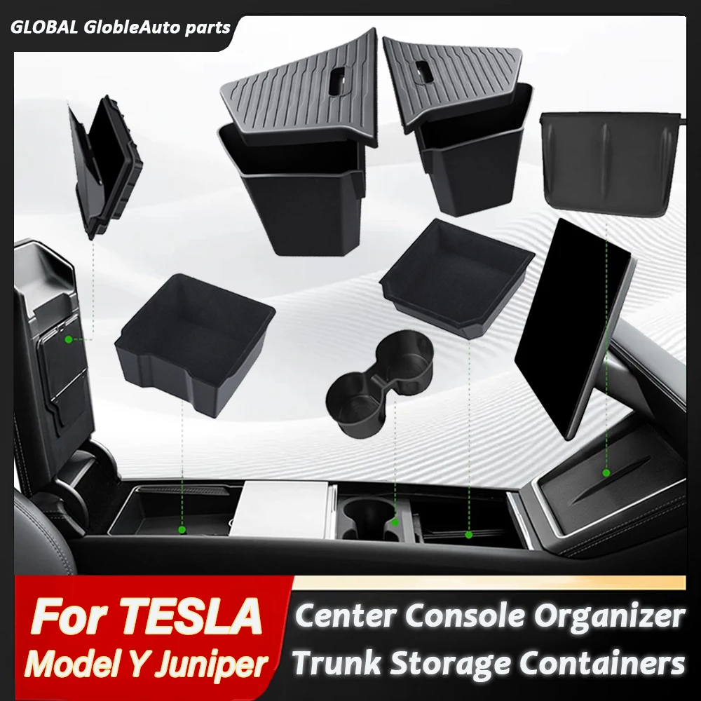 Pour la nouvelle Tesla Model Y Juniper Premium Performance 2025 2026, boîte de rangement latérale pour coffre, organisateur de console centrale, boîte de rangement cachée, porte-gobelet, tapis en silicone.