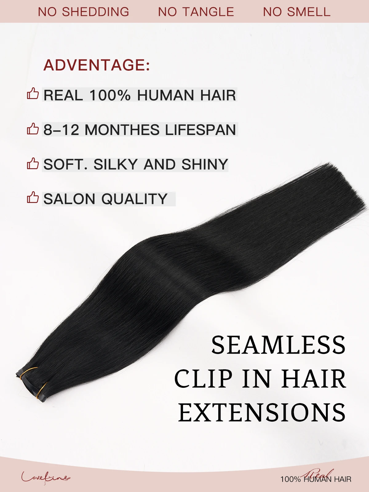 LOVELINE مشبك سلس في وصلات الشعر شعر بشري حقيقي نفاث أسود 7 قطعة 110 جرام مشبك شعر بشري في ملحقات الصالون #3