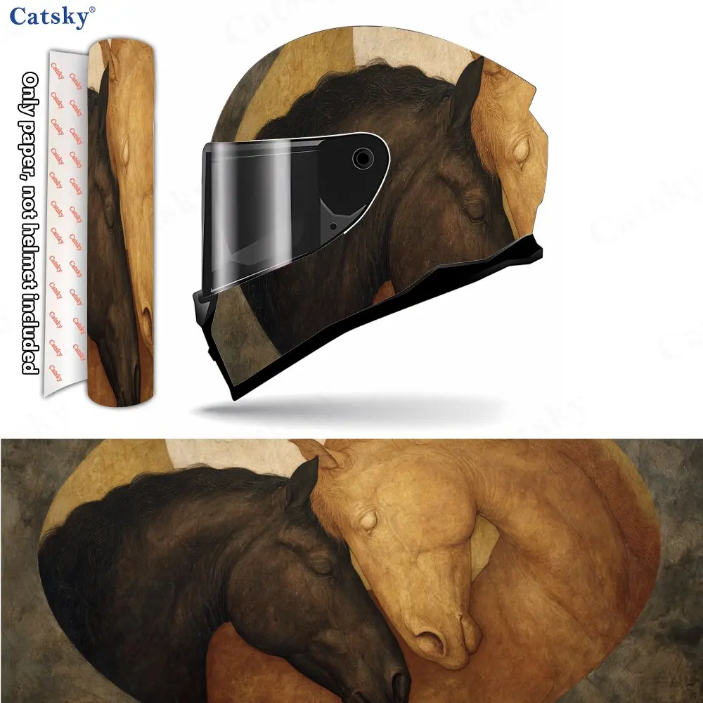 Classical Twin Horses Oil Painting Emotion Helmet Vinyl Wraps, Waterproof Scratch-Resistant Full Face Helmet Decals, Durable PVC