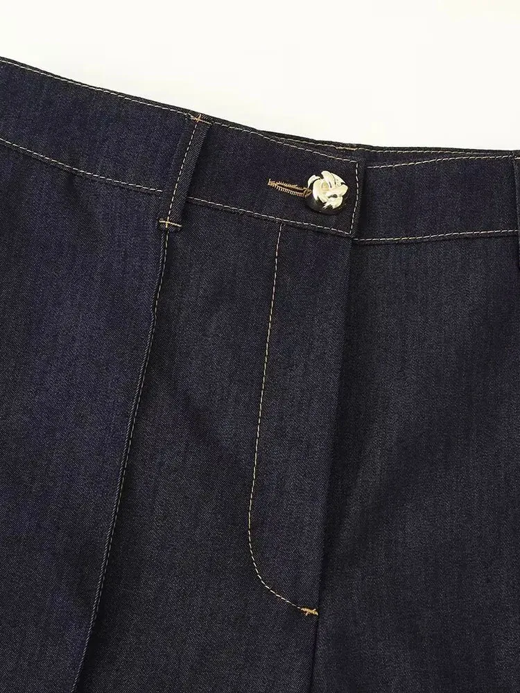 HH Cappotto a maniche lunghe con risvolto e tasche monopetto moda donna + set da 2 pezzi in denim solido con cerniera sottile in vita elastica estiva