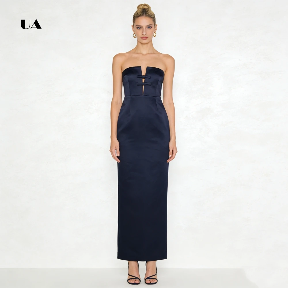 

ULBYANRY Satin Plunging Slit Prom Dress with Dainty Bows, Solid Column Strapless Evening Dress, Elegant Customized Party Gown