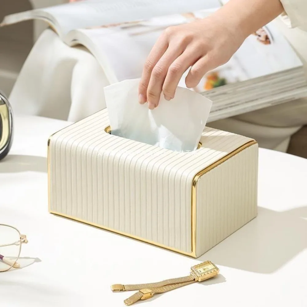 

Exquisite Streak Tissue Box High Quality European Style Napkin Holder Leather Light Luxury Paper Storage Container Living Room