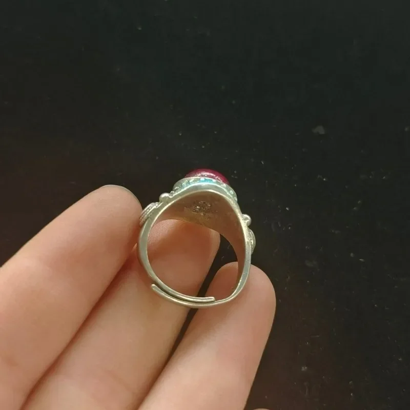 Vintage Miao Silver Ring,Hand Inlaid Ruby Cabochon,Open Adjustable Antique Collectible Ring Unisex Retro Jewelry Gift