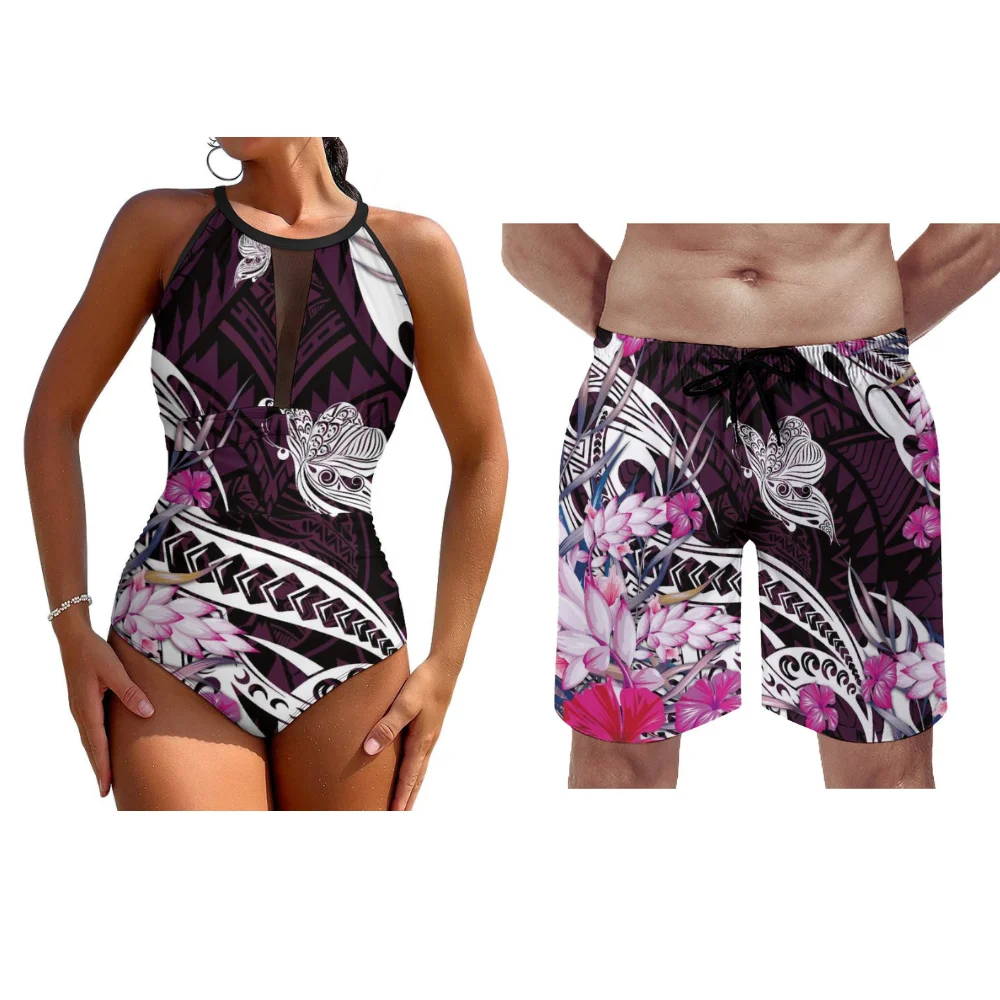 2024 New Swimsuit Couples Swimsuit Women's One-Piece Swimsuit Men's Beach Shorts Custom Polynesian Floral Print Seaside Suit