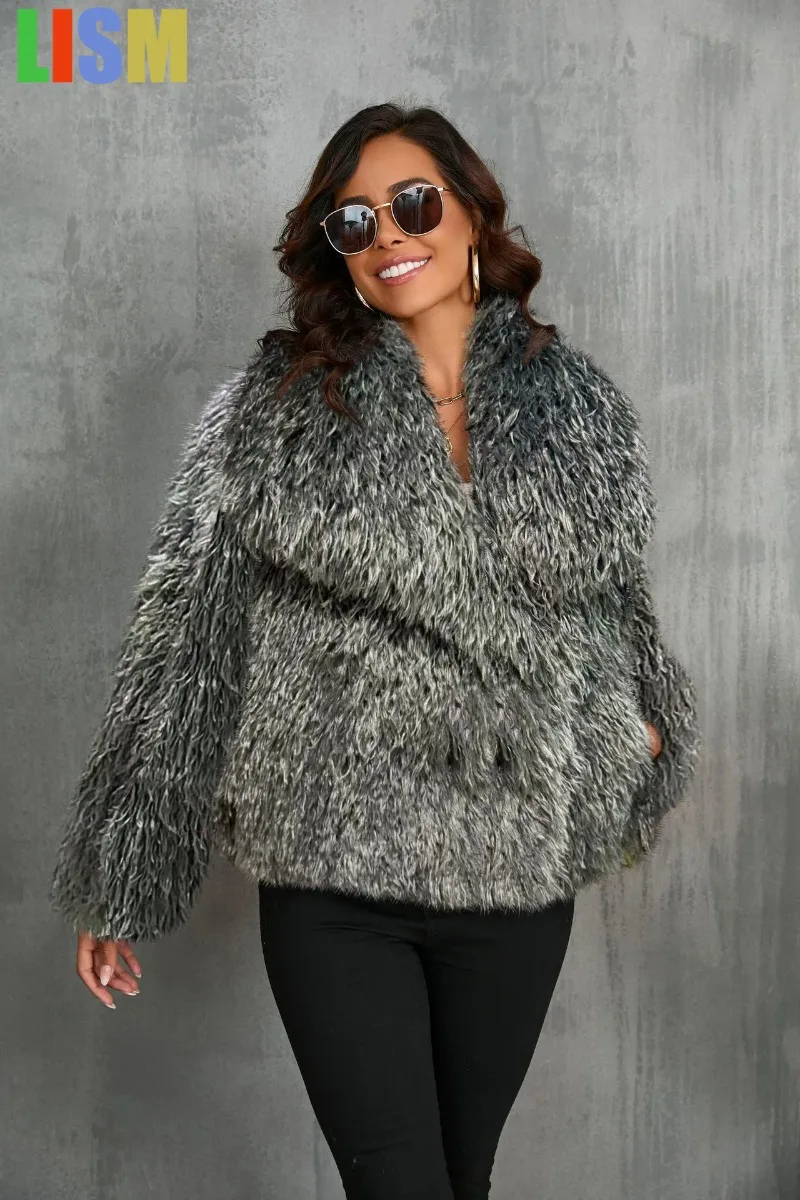 

LISM Faux Fur Jacket Furry Jackets Fluffy Winter coat female Shoulder Sleeve Plush Coat Faux Fox Outerwears Casual Offce Lady