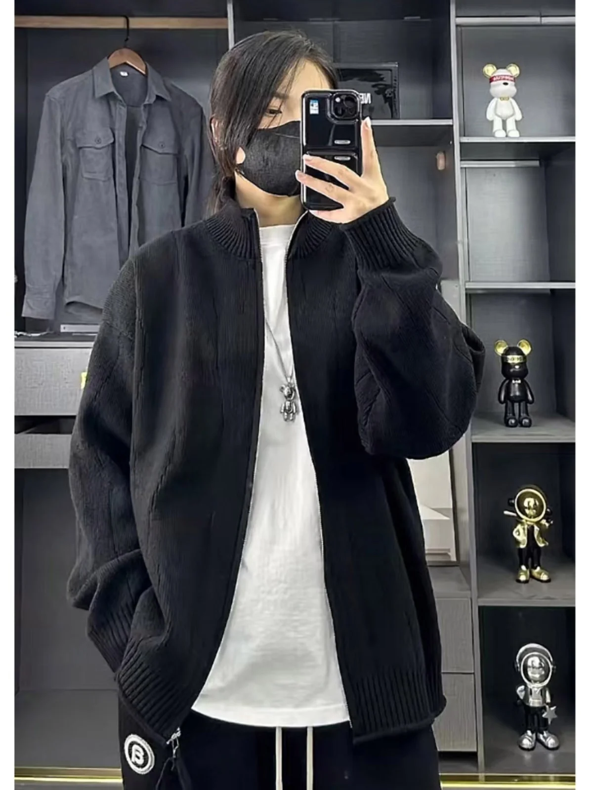 

Knitted Open Cardigan Sweater Men's Spring Autumn Stand Collar Casual Loose Lazy Sle High-End Feeling Woolen Coat