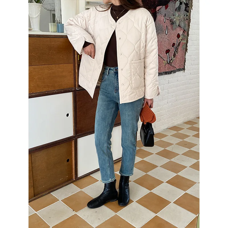 2025 New Women's Lightweight Cotton Jacket with Stylish and Versatile Exterior Solid Color Sense Diamond Grid Stitching Light