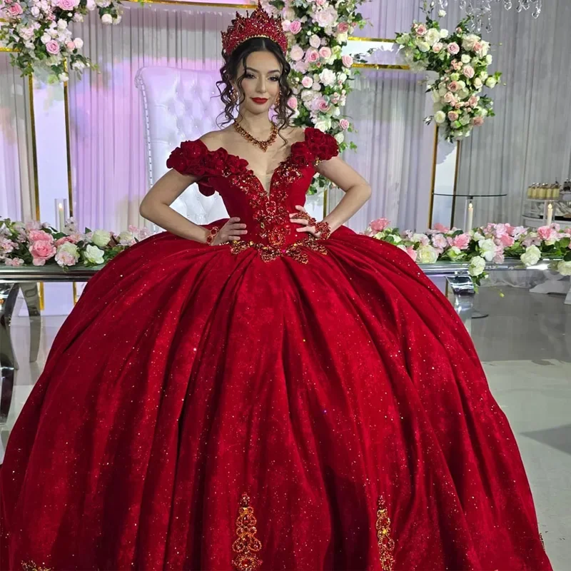 

2024 red quinceanera dress ball gown off shoulder 3D flower applique with cap Sweet 16 formal vestidos 15 de XV años