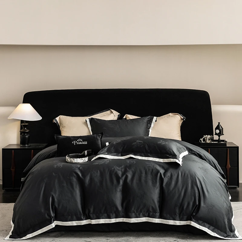 Blue Black Luxury Bedding Set 1000TC Egyptian Cotton Satin Jacquard Silky Duvet Cover Set Bed Sheet/Fitted Sheet Pillowcases