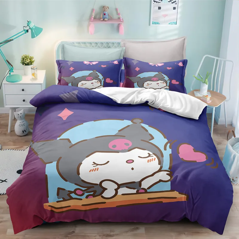 Sanrio Kuromi Bedding Set Cartoon Anime Kuromi Melody Quilt Duvet Cover Pillowcase Kid Girls Gothic Bed Set Twin Queen King Size