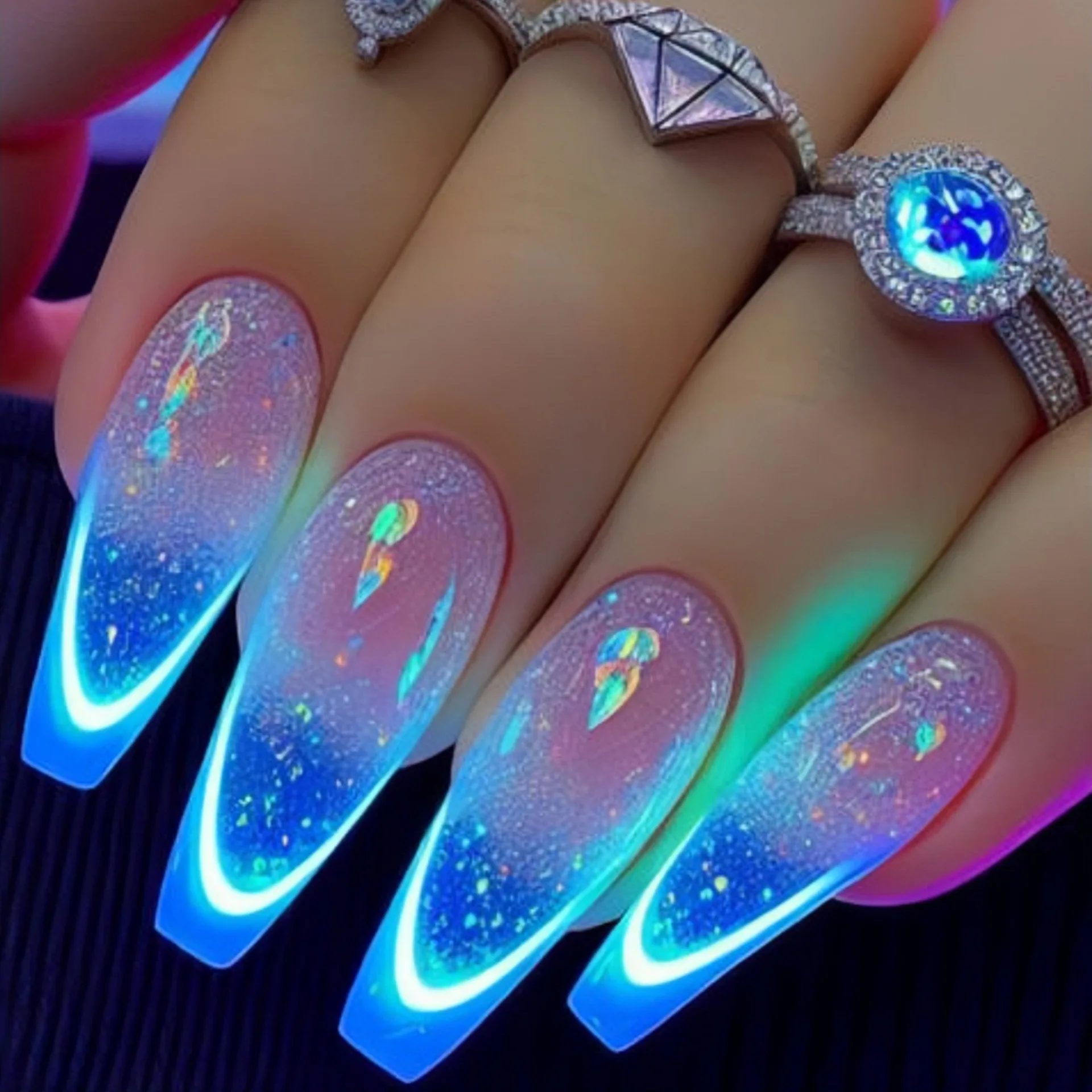 Faux ongles mi-longs pour femmes, dégradé violet et bleu, motif quadrillé, forme ballerine française, couverture complète, à presser, en acrylique, pour nail art