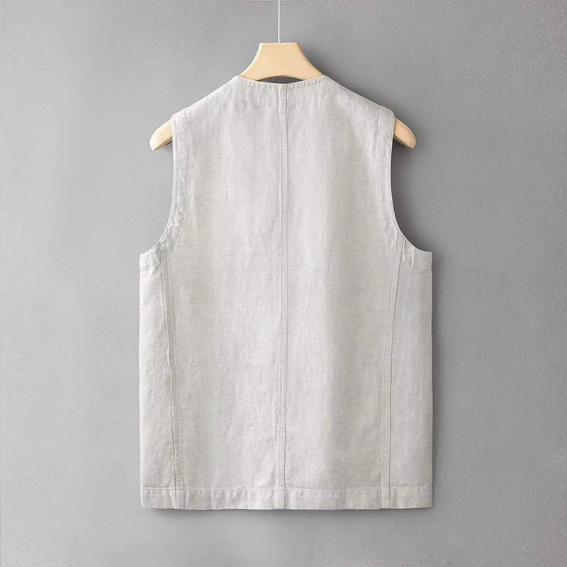 Casual Men Loose Linen Cotton Vest Japanese Retro Sold Color Multiple Pockets Workwear Sleeveless Top V-neck For Male