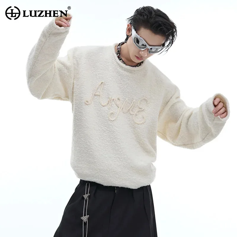 

LUZHEN Plush Embroidered Sweater Knitted Collar Rolled Loose Lazy Couple Casual Handsome Male Top Original Stylish Design LZ5276