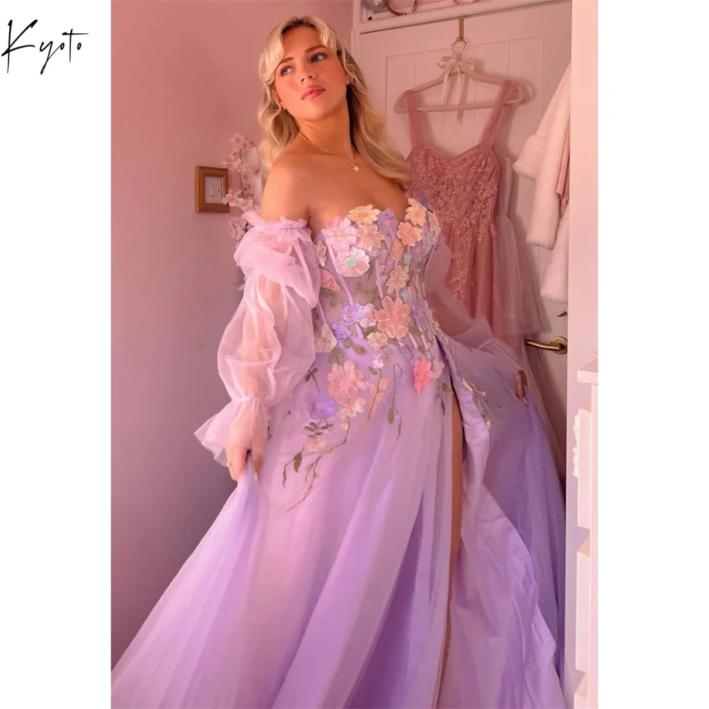 

Kyoto Purple Floral Appliques Wedding Dresses Side High Split Sweep Train Customized فساتين سهرات Lace-Up Evening Dress 2025