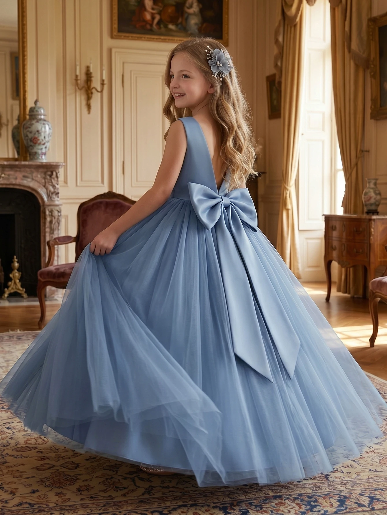 Tween Girl Evening Dress With Large Bow, Fluffy Netted Dresses, Party Dresses For Girl, Children Princess Prom Pageant Ball Gown