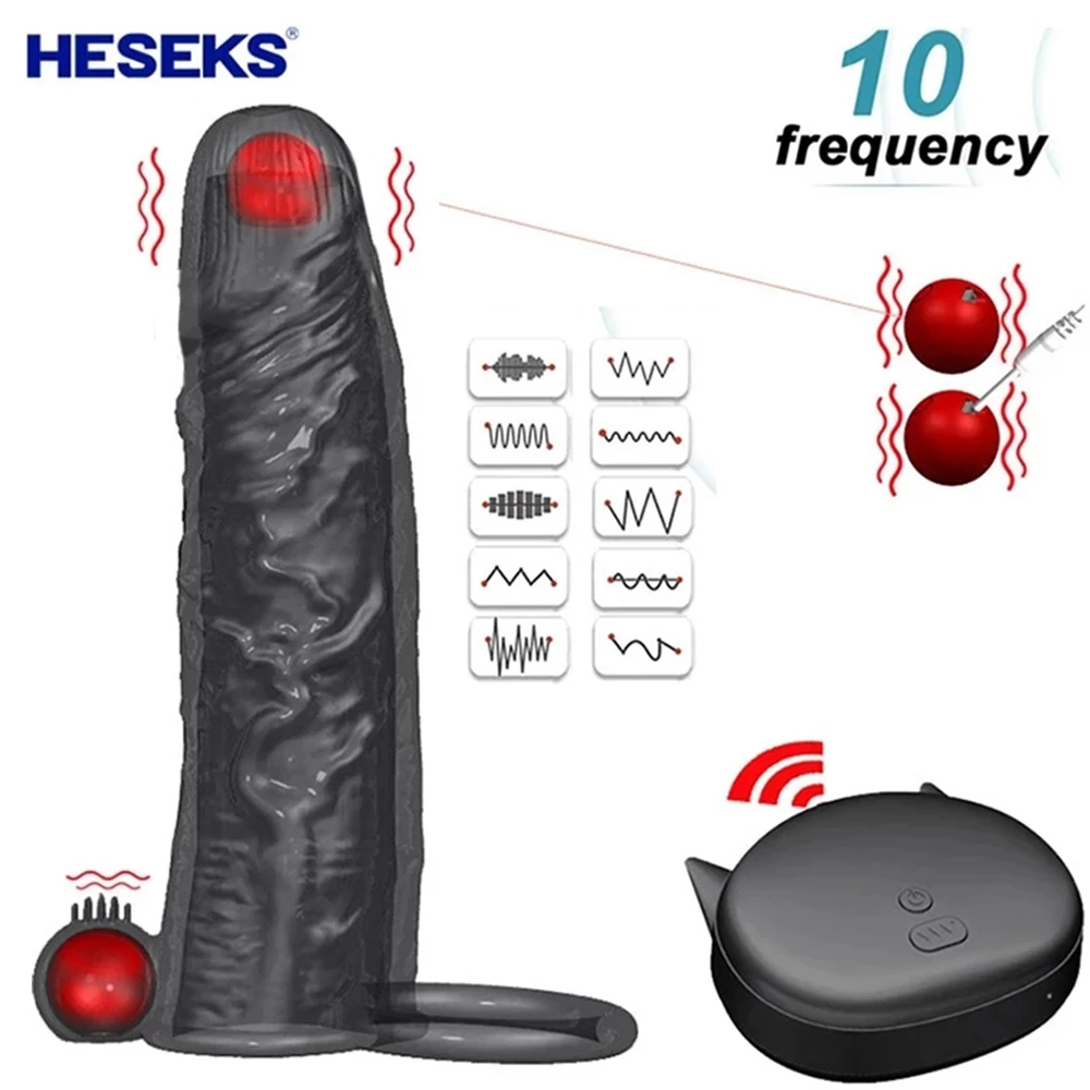 HESEKS Vibrating Penis Ring Condoms Enlargement Men Reusable Dick Condom Vibrator Penis Sleeve Sex Toys for Male Couple