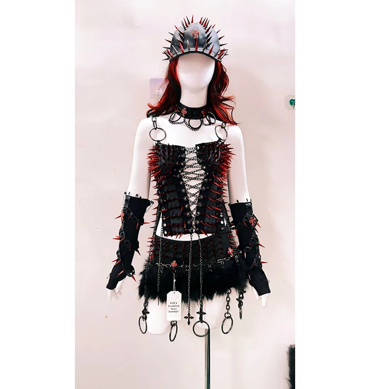 Original Design 2025 Summer New Heavy Craft Sweet Cool Rivet Women's Sling Gothic Punk Dark Sexy Hot Girl Mini Skirts Set Ladies