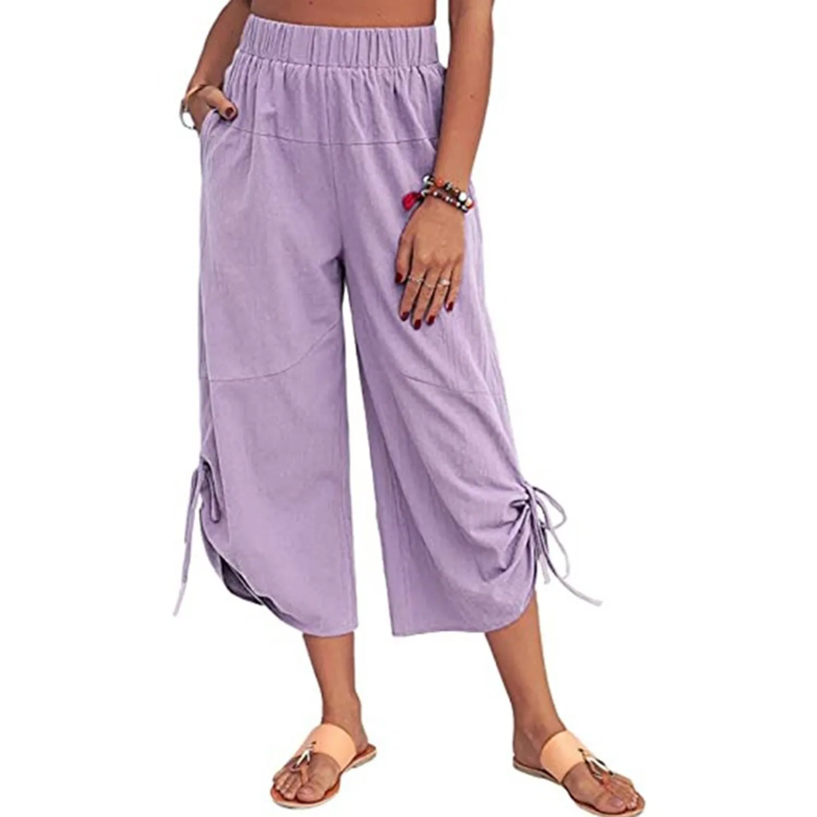 

High Waisted Women Cropped Trousers Wide Leg Drawstring Pants Elastic Trousers Straight Seven Point Pants With Pockets
