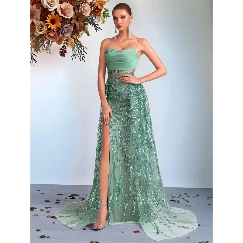 Luxe feestjurk dames saliegroen geborduurde jurk strapless elegante avondjurk baljurk vestidos de fiesta aangepast