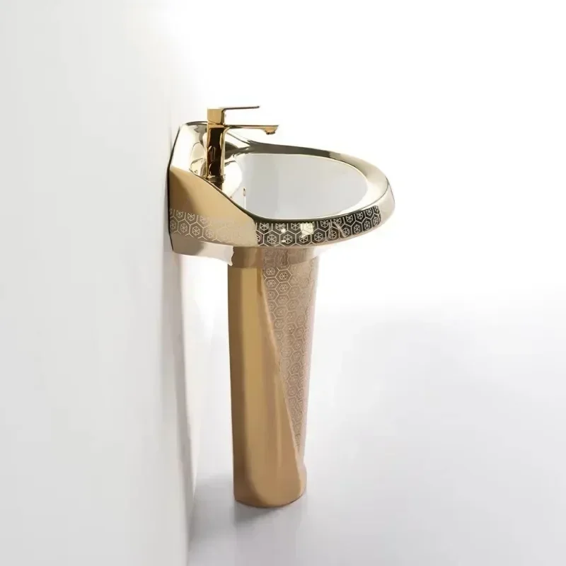 Gold Floor Standing Wash Basin Two-Piece Pedestal Sink with Single-Hole Faucet Mount