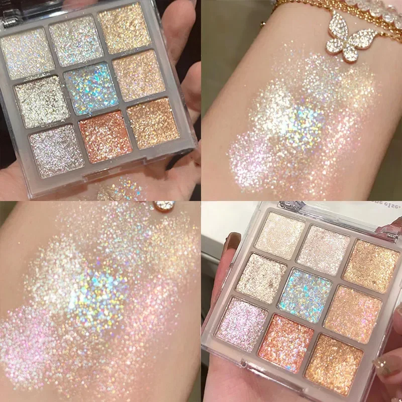 9-Color Glitter Eyeshadow Palette Champagne Pink Pearly Eye Shadow Shimmer Highlights Cool Tone Charming Sparkling Eyes Makeup