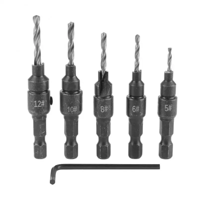 5PCS Woodworking Tapper Hexagon Shank Screw Countersunk Drill Bit Taper Drill Hole Drilling and Reaming Hardware Tool Set