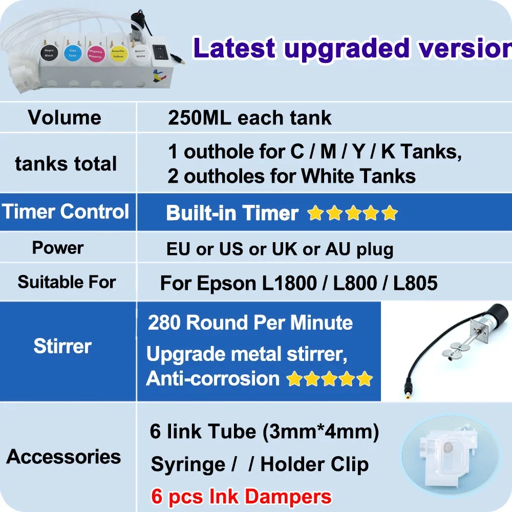 L1800 250ML DTF CISS Ink System With Damper For Epson L800 L805 White Ink Tank Stirrer Built-in Timer