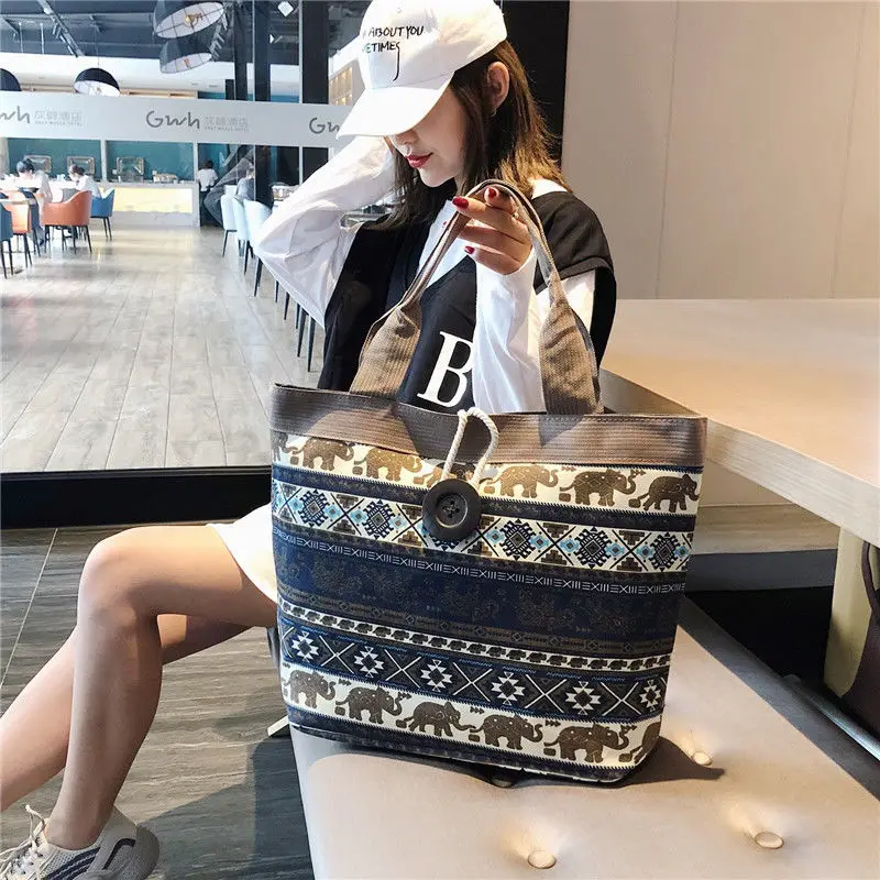 Ethnic Style Shoulder Bag Casual Bohemian Canvas Bag Printed Beach Mommy Bag Handbags Travel Grocery Bag Shopping Bag Tote