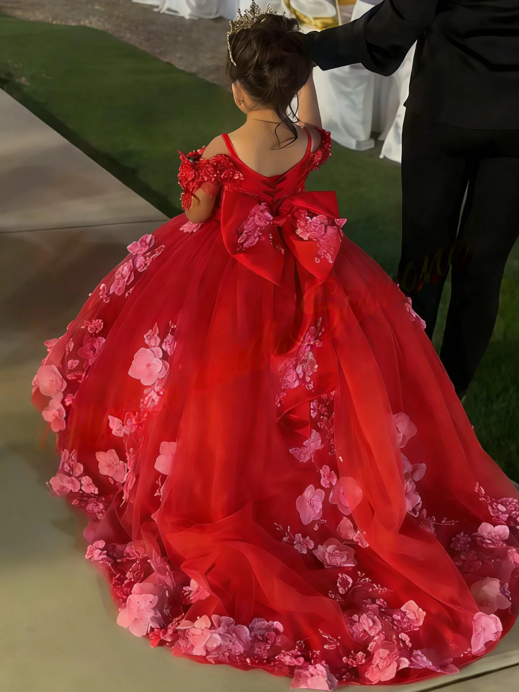 Custom Flower Girl Dress with 3D Floral Off Shoulder for Wedding Formal Pageant Gown for Girls Birthday Party Ball Gown for Kids