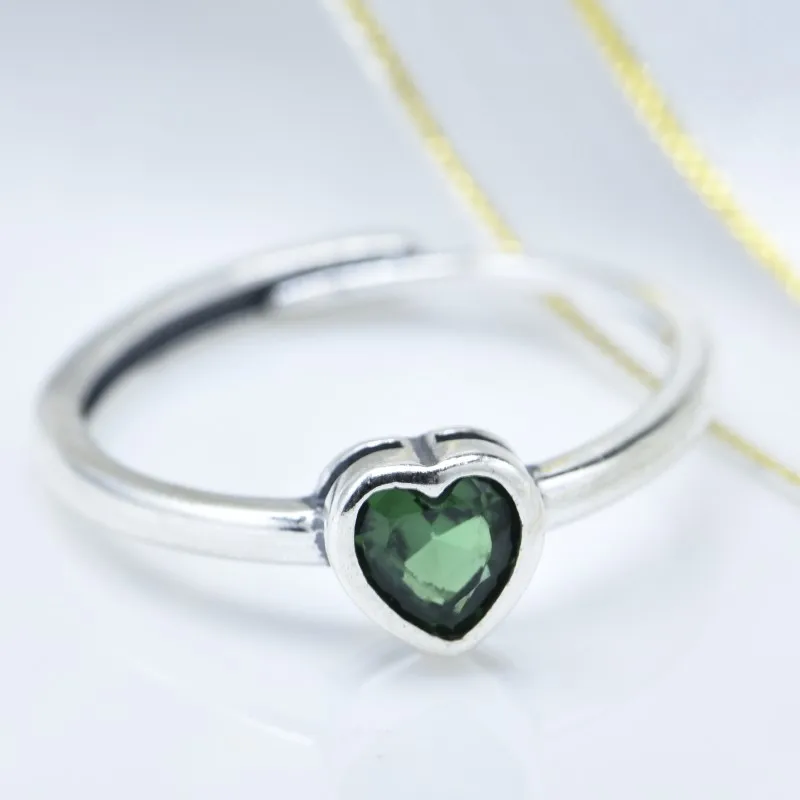 Genuine Real S925 Sterling Silver Rings for Women New Fashion Couple Ring Love Heart-Shaped Purple Green Zircon Adjustable Size