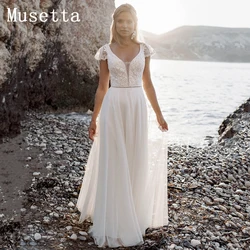 Bohemian V-Neck Wedding Dresses Cap Sleeve Lace Applique Backless Beach Tulle Bridal Gowns A-Line Floor Length Real Photos 2022