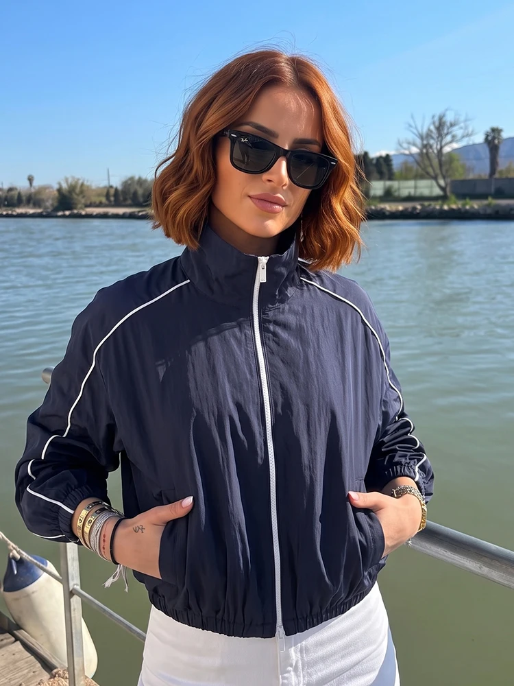 HH Lightweight Sun Protection Jacket Women Cropped Windbreaker Contrast White Piping Zip Front Drawstring Waist Outdoor Daily Co