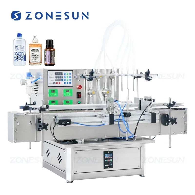 ZONESUN 4 Heads Automatic Desktop Juice Cosmetic Essential Oil Perfume Ink Solvent Filler Bottle Liquid Filling Machine