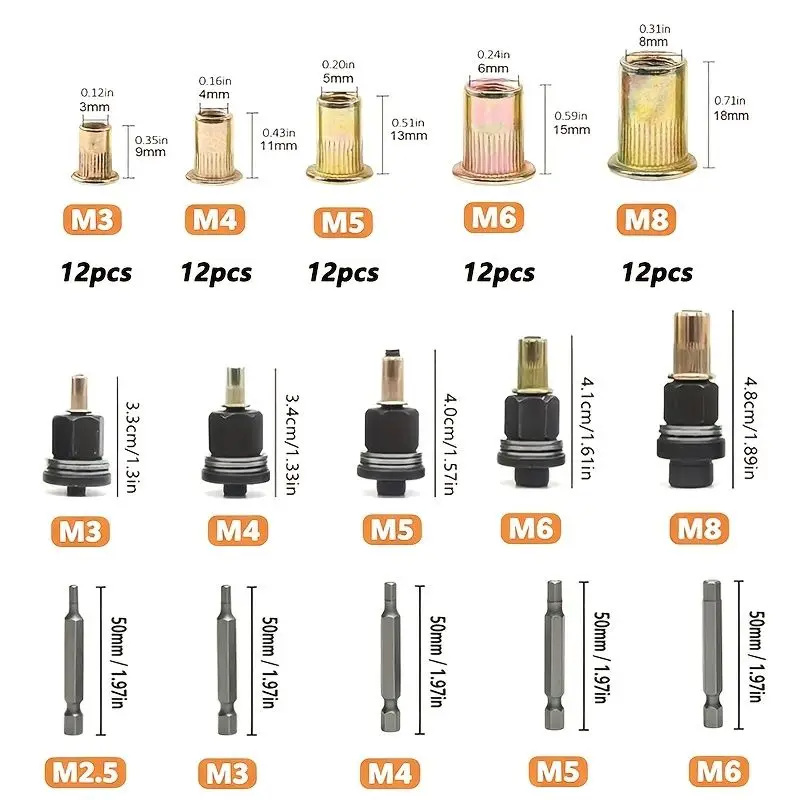 70 Stück Nietmuttern-Adapter für Elektrobohrmaschinen, M3-M8, verzinkte Nietmuttern, Nietzubehör für die Automobilmodifikation, Möbel und Metall. – Detail 3